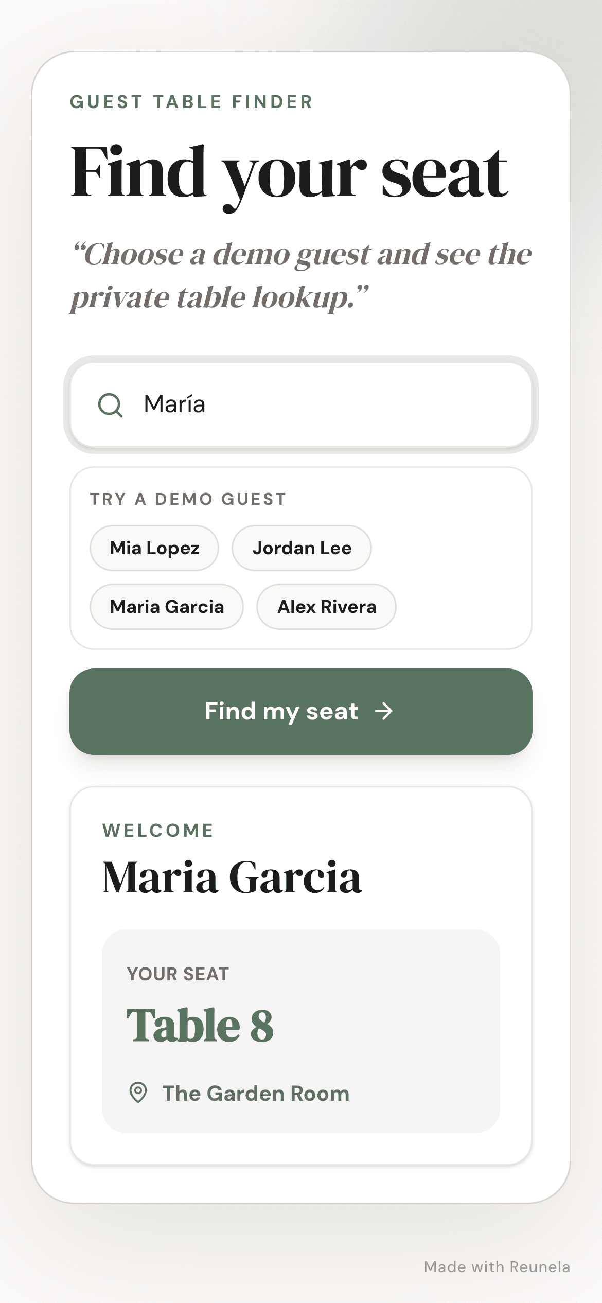 Reunela mobile guest lookup demo in a plum event theme showing Maria Garcia assigned to Table 8 in The Garden Room
