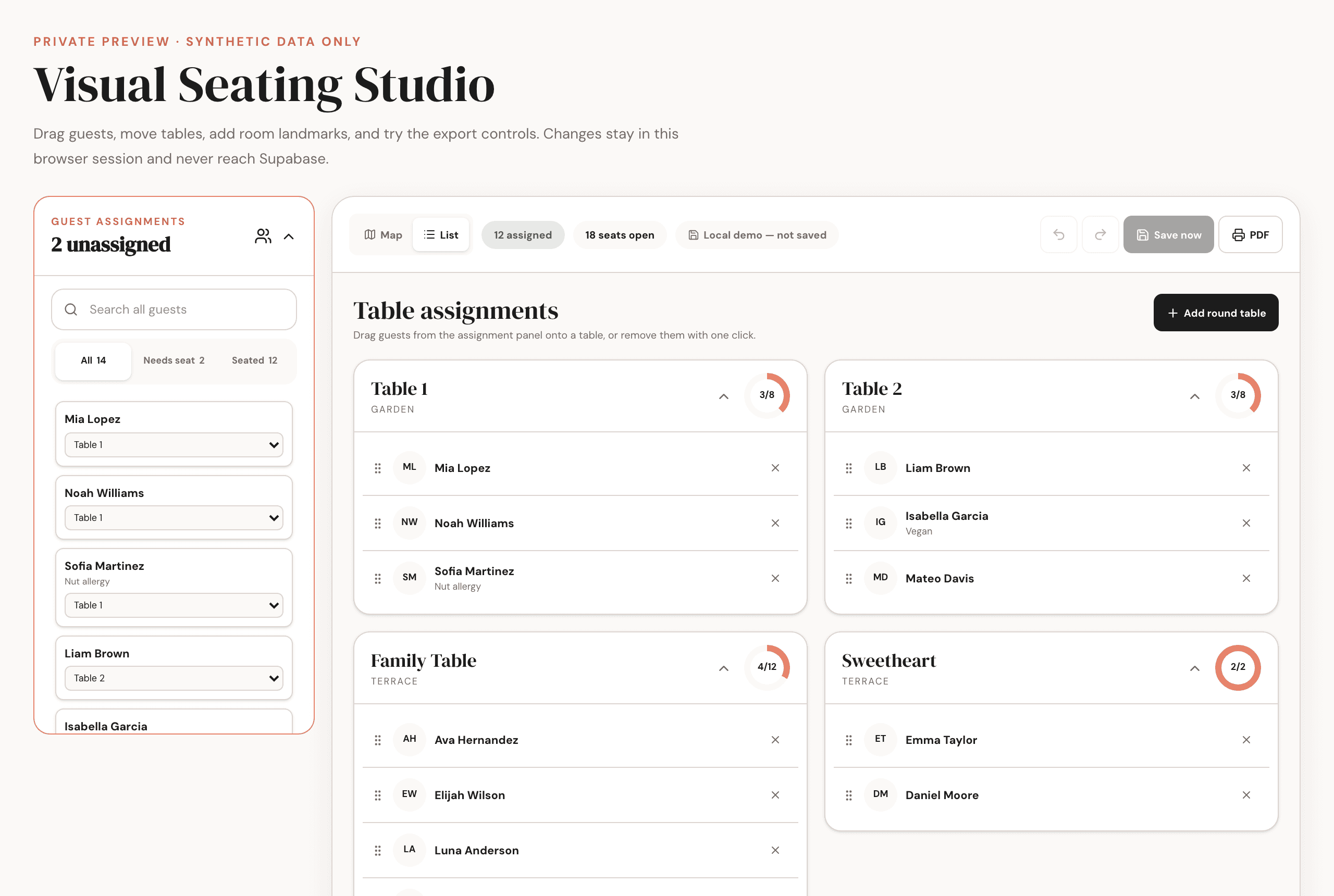 Reunela Visual Seating Studio demo showing synthetic guests assigned across four tables